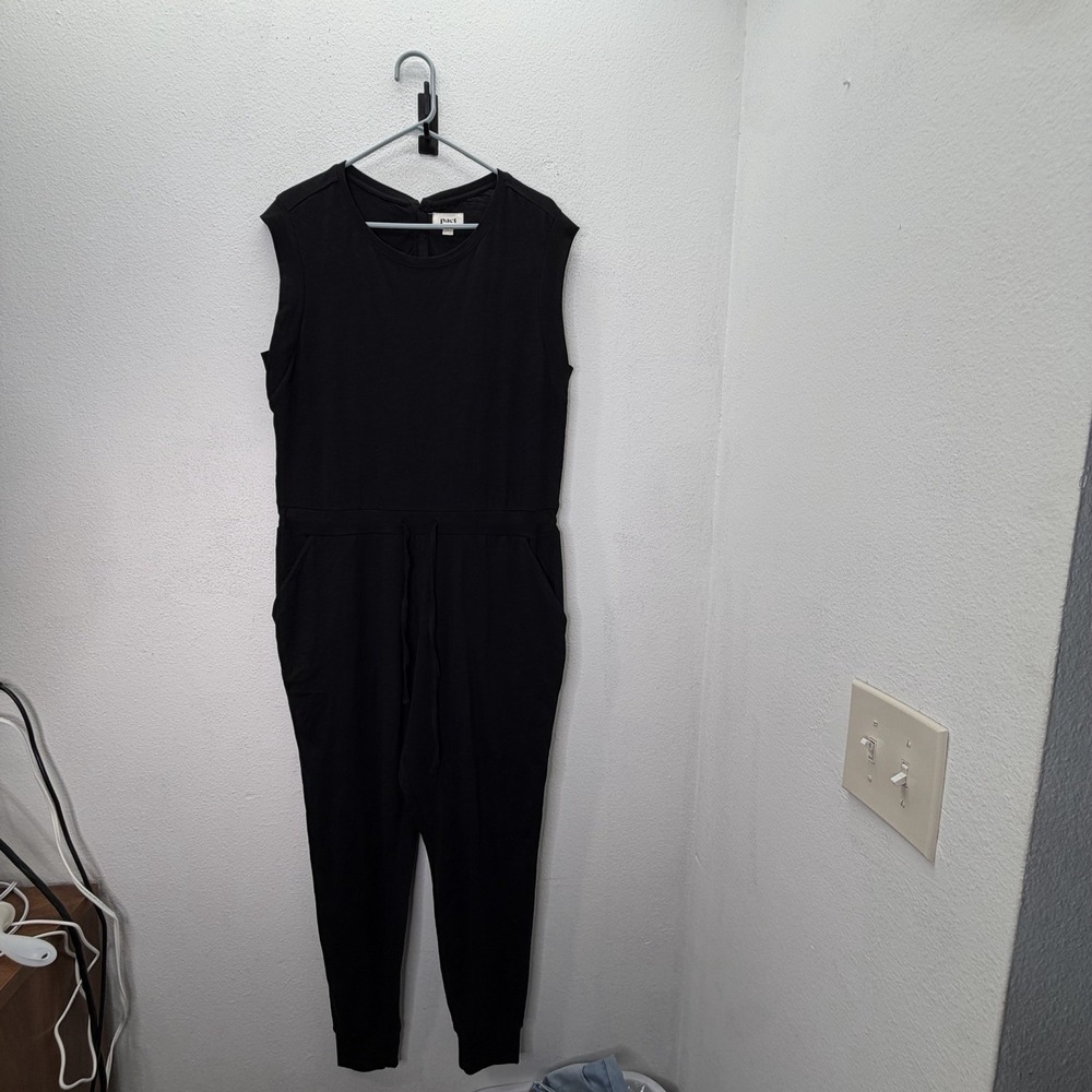 Pact 100% Organic Cotton Drawstring Cap Sleeve Jumpsuit Sz L Tapered Jogger